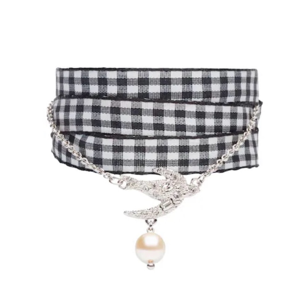 Miu Miu Silver Bracelet w Ribbon & Faux Pearl